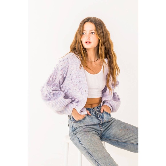 LAST 1! Cropped Pom Pom Lavender Sweater Cardigan - Picture 3 of 10